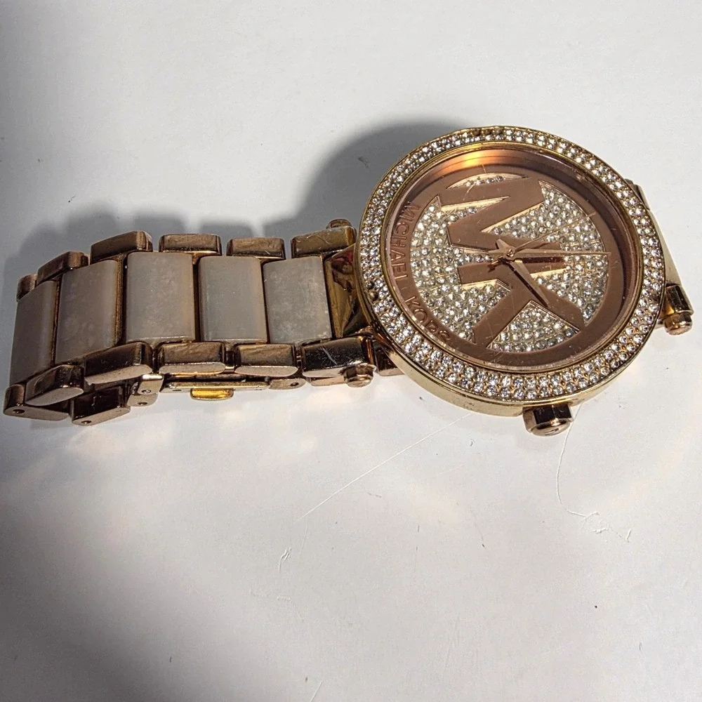 Michael Kors MK-6176 Parker Rose Gold Tone Crystal Pave Logo Dial Watch Womens